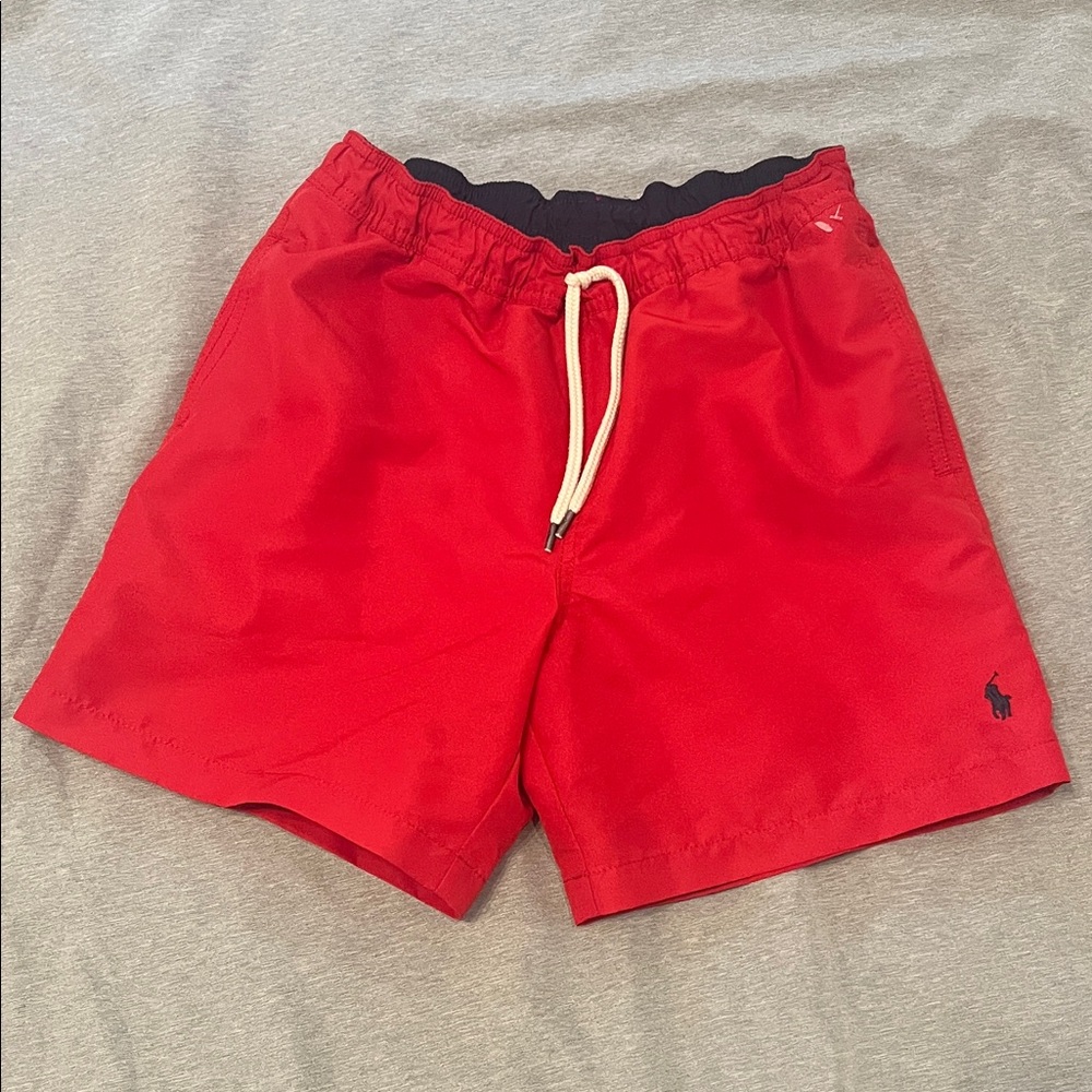 Polo by Ralph Lauren Red Boy’s Swim Trunks with Navy Waistband